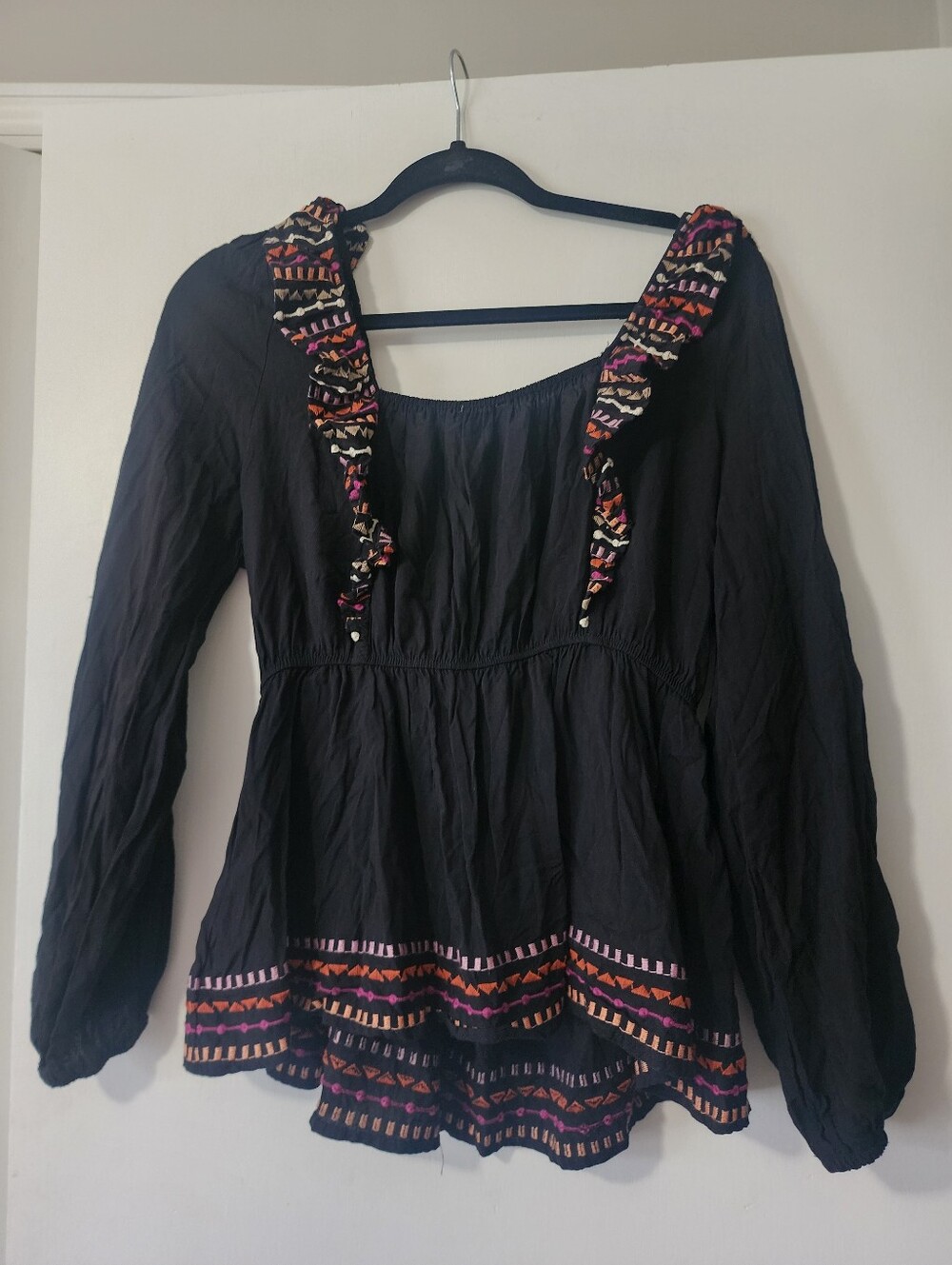 Savanna Jane Womens M Black Long Sleeve Embroidered Boho Peasant Ruffle Blouse - Picture 5 of 5